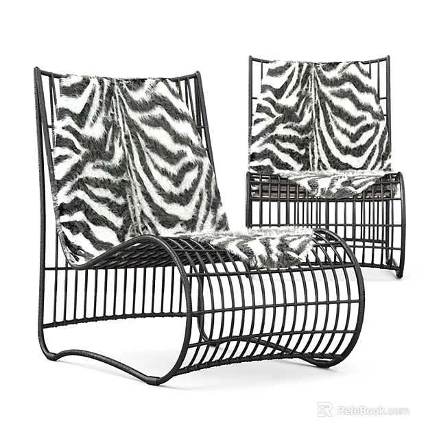Modern Zebra Print Leisure Chairs With Black Metal Frame And Curved Design 3d model 