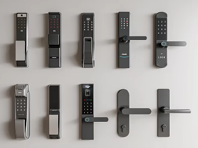 Various Door Handles With Modern And Traditional Designs Including Electronic Keypad Features 3d model