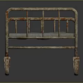 Rusted Metal Bed Frame With Wheels And Blue Mattress Featuring Green Pattern 3d model