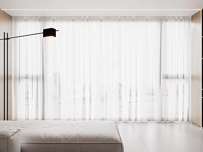White Floor to Ceiling Curtains in Modern Interior with Black Floor Lamp and Light Gray Sofa 3d model