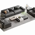 Modern Black Leather Sofa and Coffee Table Set with Decorative Items on Area Rug 3d model