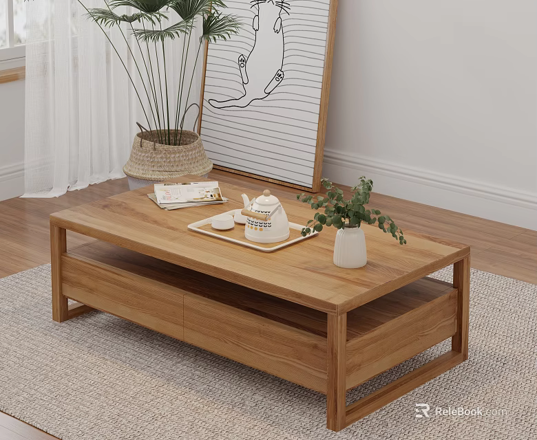 Natural Wood Coffee Table With Tray Teacups And Small Potted Plant 3d model 