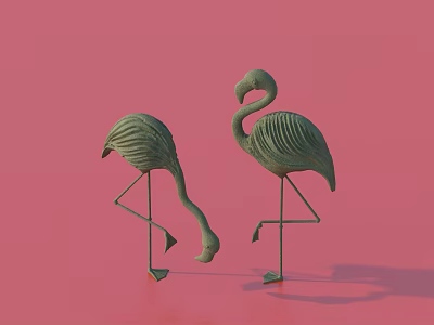 Stylish Green Flamingo Ornament Set For Home Decor With Pink Background 3d model
