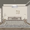 Modern Beige Bedroom Interior With Plush Bed Cloud-shaped Pendant Light Built-in Wardrobe And Geometric Rug
