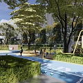 Modern Urban Garden Landscape With Blue Running Track Greenery Fitness Equipment And People Exercising