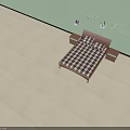 Double Bed With Plaid Mattress Wooden Headboard And Nightstands Light Green Wall Wall Mounted Shelves