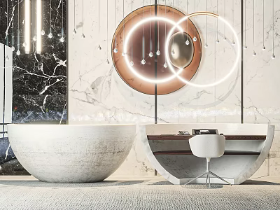 Modern Hotel Lobby Interior Design With Marble Walls Circular Mirrors And Pendant Lights 3d model