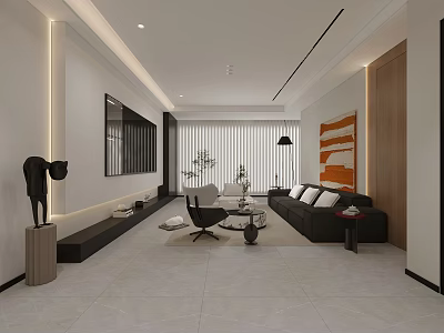 Modern Living and Dining Room Interior With Black Sofa White Walls And Abstract Painting 3d model