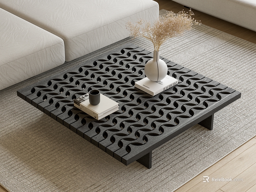 Black Coffee Table With Wavy Hollow Design White Vase And Dried Flowers On Light Carpet 3d model 