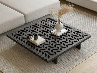 Black Coffee Table With Wavy Hollow Design White Vase And Dried Flowers On Light Carpet 3d model