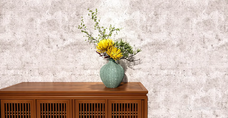 Green Ceramic Vase With Yellow Flowers And Green Branches On Wooden Cabinet Against Gray Wall 3d model 