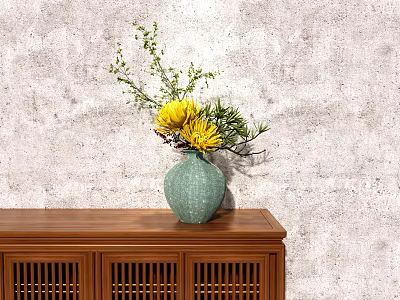 Green Ceramic Vase With Yellow Flowers And Green Branches On Wooden Cabinet Against Gray Wall 3d model