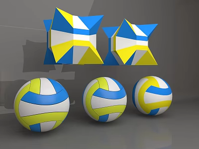 Colorful Blue Yellow White Sports Equipment Featuring Volleyballs And Star Shaped Pieces 3d model