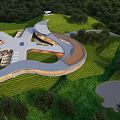 Modern Circular Hotel Building With Glass Facade Green Lawn And Water Reflection