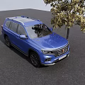 Blue SUV Parked Next to Tree on Black Asphalt Road Under Blue Sky