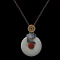 Elegant White Circular Pendant With Red Center On Metallic Chain Displayed On Black Mannequin