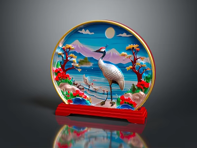 Decorative Furniture Ornament With Crane Mountain Landscape Moon And Red Base 3d model