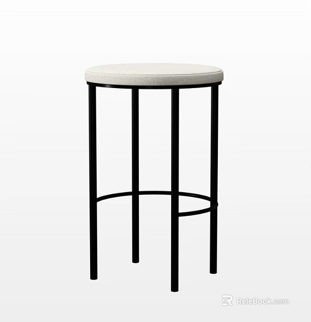 Modern Bar Stool With Round White Upholstered Seat And Black Metal Legs 3d model 