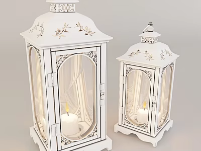 White Decorative Candle Lanterns With Carved Design And Glass Panels In Two Sizes 3d model