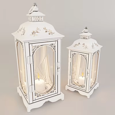 White Decorative Candle Lanterns With Carved Design And Glass Panels In Two Sizes 3d model