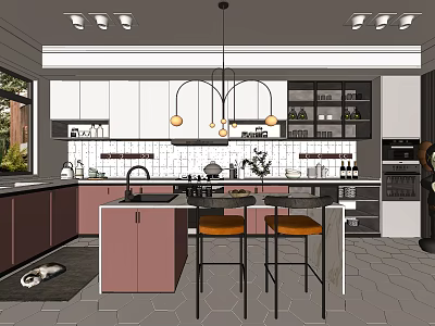 Modern Kitchen Interior With White And Pink Cabinets Island Hanging Pendant Lights Tile Backsplash 3d model