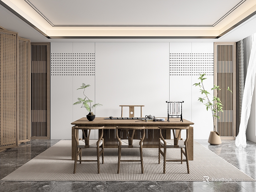 Traditional Tea Room Interior Design With Wooden Table Chairs Tea Sets And Potted Plants 3d model 