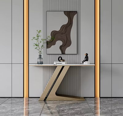 Modern Console Table With Abstract Painting Green Plant And Decorative Ornaments 3d model