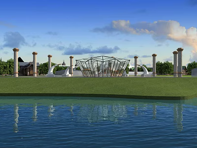 Scenic Park Landscape With Green Grass Modern Structure Columns And Water Under Blue Sky Clouds 3d model