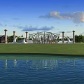 Scenic Park Landscape With Green Grass Modern Structure Columns And Water Under Blue Sky Clouds