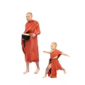 Buddhist monks wearing red robes performing different actions holding yellow bowl and running