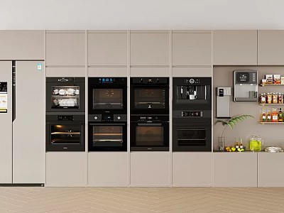 Modern Kitchen Interior With Gray Cabinets And Black Kitchen Appliances Including Ovens Coffee Maker 3d model