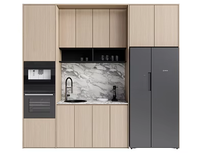 Modern Wooden Kitchen Cabinets With Refrigerator Microwave Sink And Marble Countertop 3d model