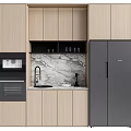 Modern Wooden Kitchen Cabinets With Refrigerator Microwave Sink And Marble Countertop