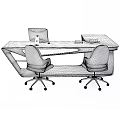 Modern White Office Desk With Sleek Design Computer Monitor And Comfortable Chairs