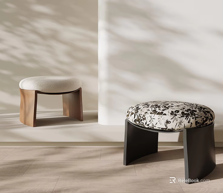 Modern Stools With Wooden And Black Frames White And Floral Patterned Cushions 3d model 