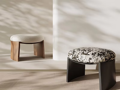 Modern Stools With Wooden And Black Frames White And Floral Patterned Cushions 3d model