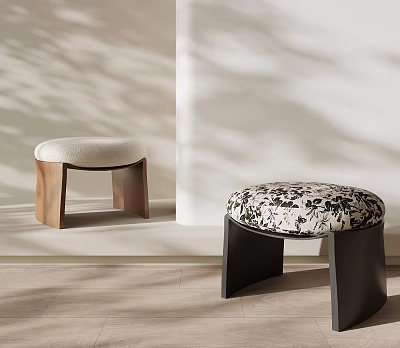 Modern Stools With Wooden And Black Frames White And Floral Patterned Cushions 3d model