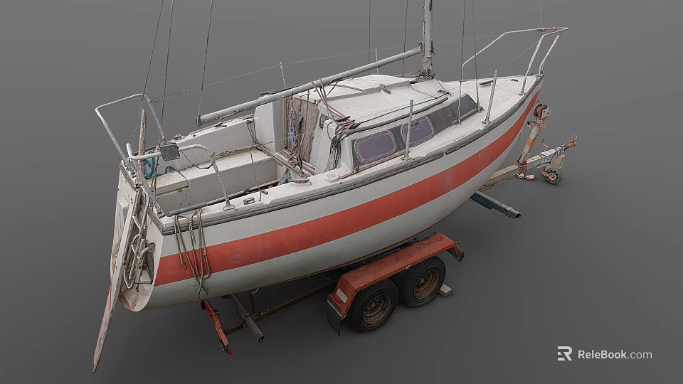 Yacht With White And Red Striped Hull On Trailer Featuring Mast And Gear 3d model 