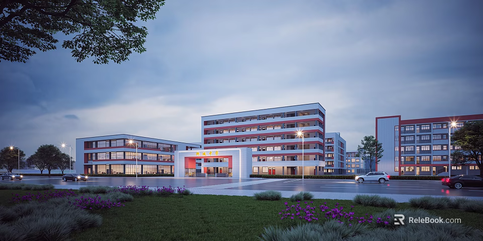 Modern Multi story School Building With Evening Lighting Entrance Area And Landscaped Gardens 3d model 