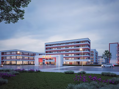 Modern Multi story School Building With Evening Lighting Entrance Area And Landscaped Gardens 3d model
