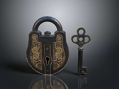 Vintage Decorative Lock and Key with Ornate Brass Engravings for Home Use 3d model