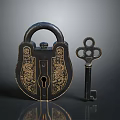 Vintage Decorative Lock and Key with Ornate Brass Engravings for Home Use