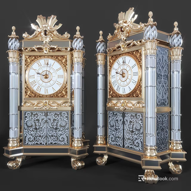 Ornate Vintage Table Clocks With Golden Accents Blue Details And Carved Patterns 3d model 