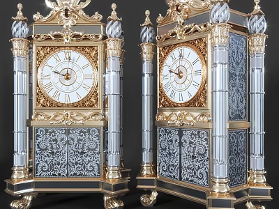 Ornate Vintage Table Clocks With Golden Accents Blue Details And Carved Patterns 3d model