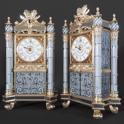 Ornate Vintage Table Clocks With Golden Accents Blue Details And Carved Patterns 3d model