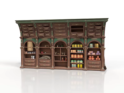 Vintage Wooden Cabinet With Multiple Drawers And Arched Shelves Green Accents Displayed Bottles Jars 3d model