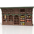 Vintage Wooden Cabinet With Multiple Drawers And Arched Shelves Green Accents Displayed Bottles Jars