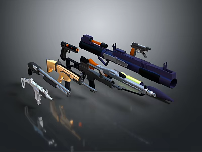 Various Modern Weapons Collection Including Pistols Rifles And Rocket Launchers With Colorful Finishes 3d model