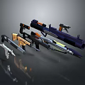 Various Modern Weapons Collection Including Pistols Rifles And Rocket Launchers With Colorful Finishes