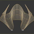 Golden Wireframe Sculpture With Curved Geometric Design And Metal Mesh Structure